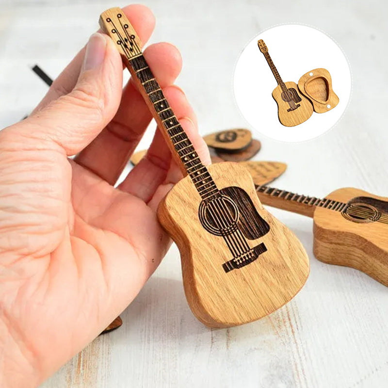 Acoustic guitar pick holder in wood, keeps picks safe and organized.