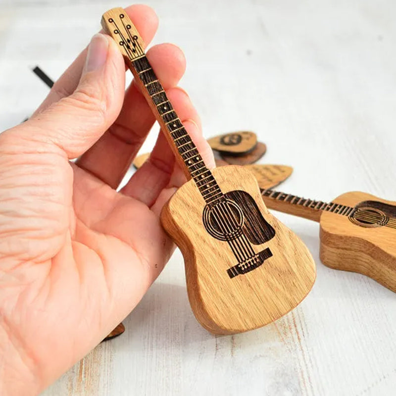Close-up of wooden pick holder box, showcasing wood grain and craftsmanship.