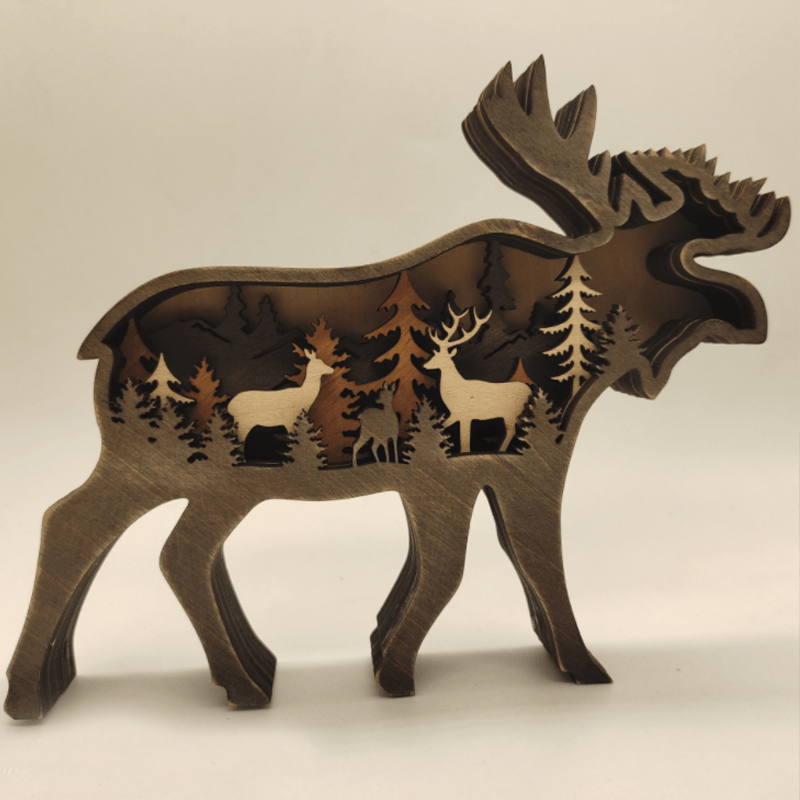 Collection of wooden forest animal art, including elk, bear, and wolf designs, for unique home styling