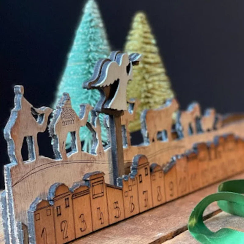Ornate wooden Nativity Advent Calendar with intricate carvings, perfect Christmas holiday decoration
