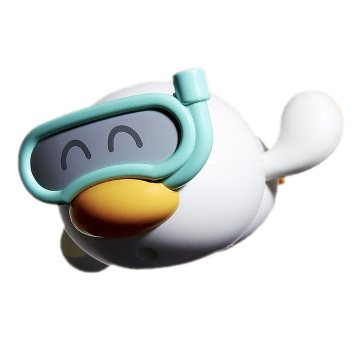 Kids' wind-up duck bath toy with a clear view of its winding knob, ready for action